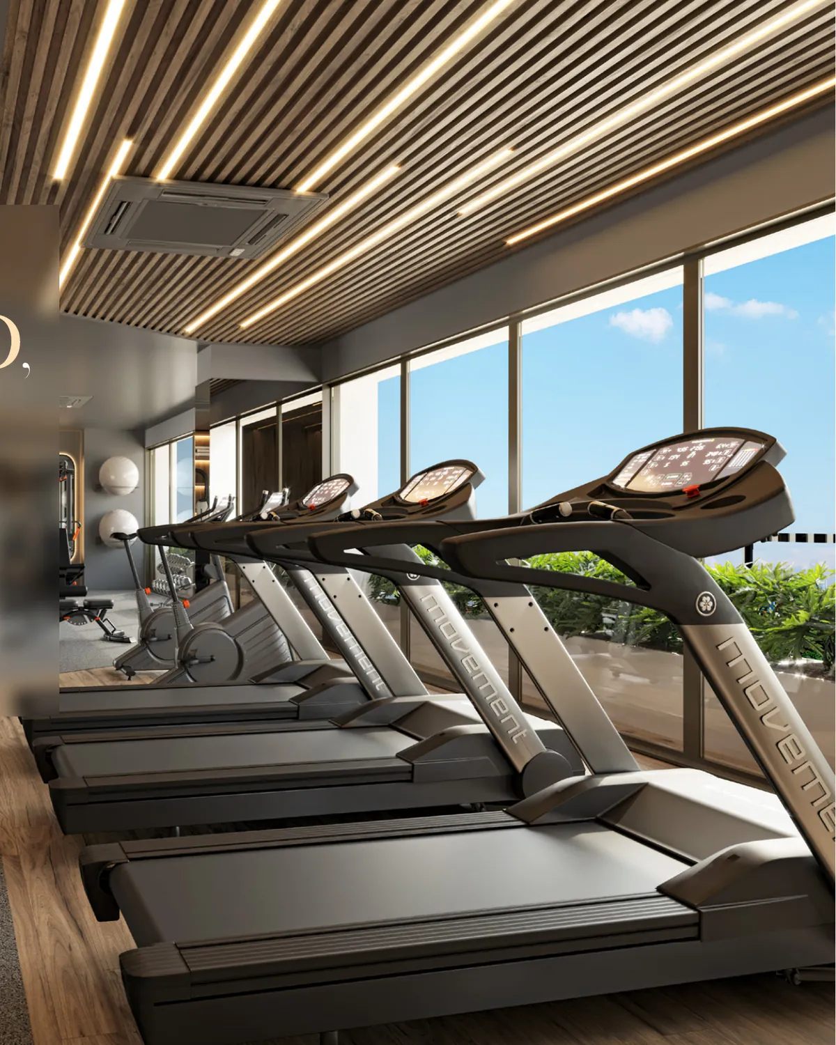 Render da academia no 19º andar do Vibe Meireles, com esteiras e vista para a cidade