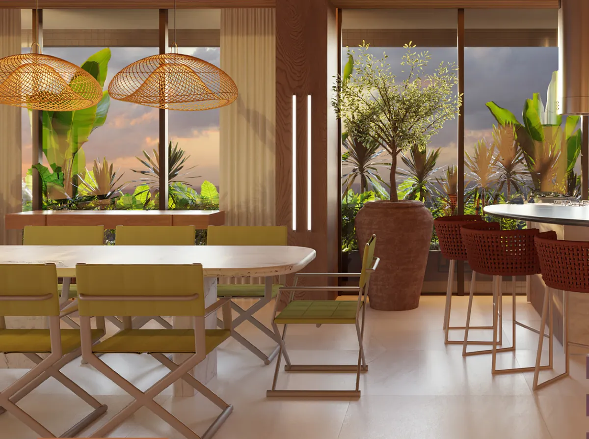 Render do salão gourmet do Vibe Meireles, com mesa de jantar, plantas e vista para a cidade ao entardecer