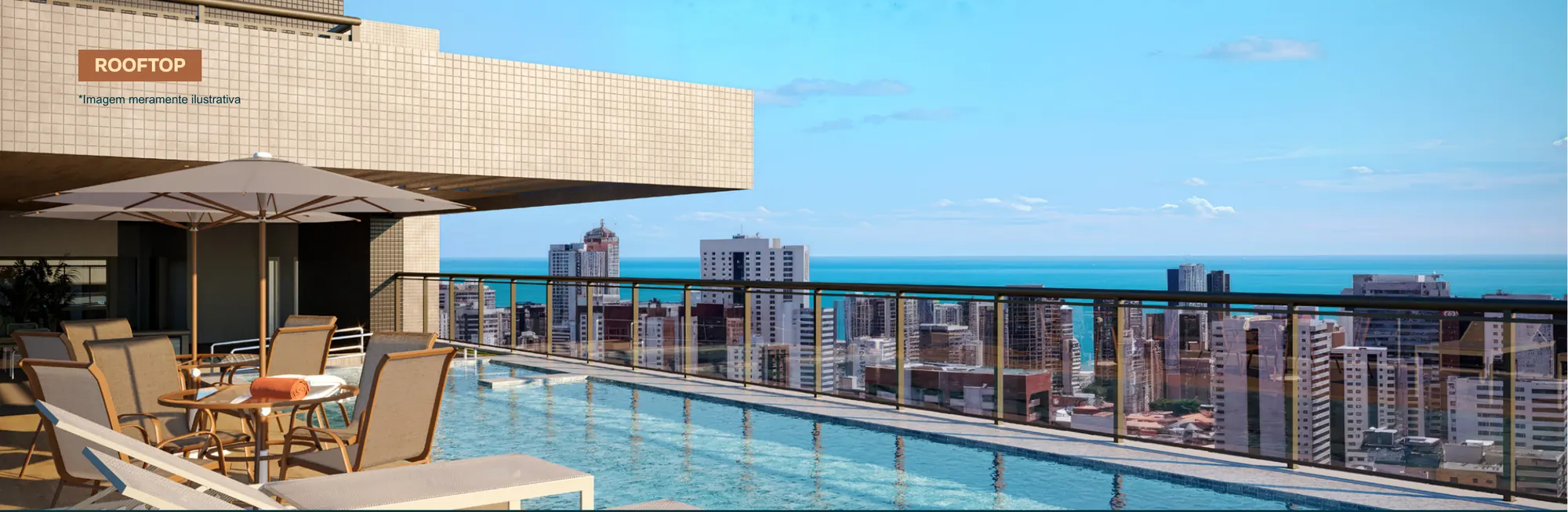 Render da piscina aquecida no rooftop do Vibe Meireles, com deck, espreguiçadeiras e vista para a cidade e o mar