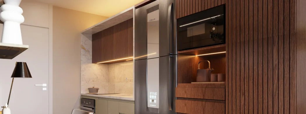 Render da cozinha integrada do studio de 28 m² do Vibe Meireles, com marcenaria em madeira e eletrodomésticos