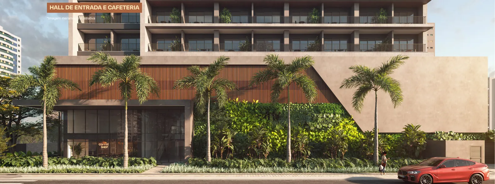 Render do térreo ativo do Vibe Meireles, com cafeteria, paisagismo e palmeiras na Rua Pereira Valente